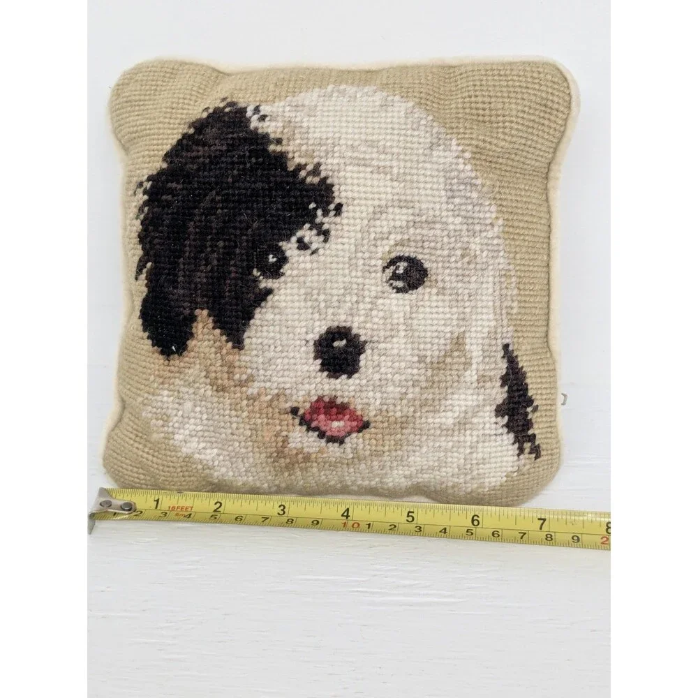 Vtg Needlepoint Dog Pillow Old English Sheepdog/Sheepadoodle Black White 7